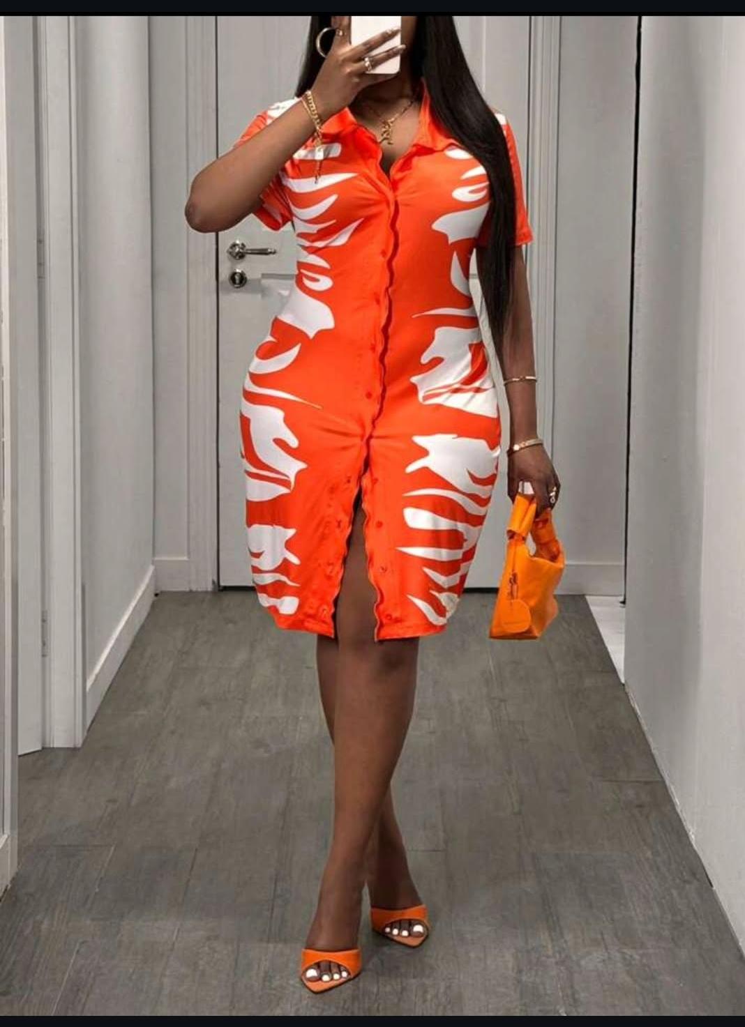 Plus-Size Orange Print Shirt Dress