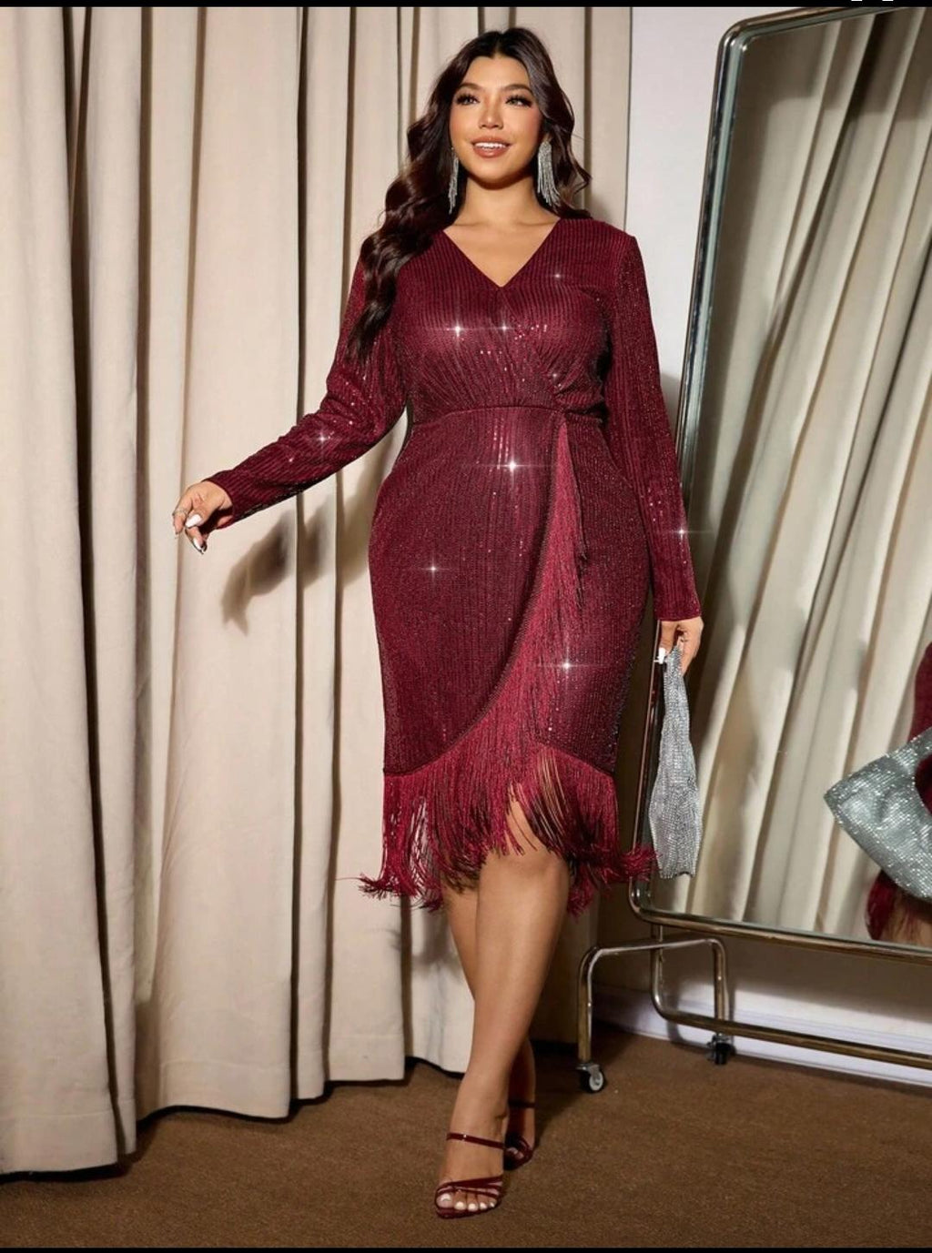 Plus Size Elegant Burgundy Autumn Sequin Fringe